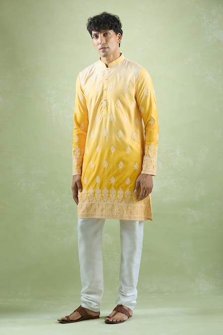 Shop Arihant Rai Sinha Yellow Cotton Embroidery Blossom Thread Shaded Kurta Online at Aza Fashions Shop_Arihant Rai Sinha_Yellow Cotton Embroidery Blossom Thread Shaded Kurta_Online_at_Aza_Fashions