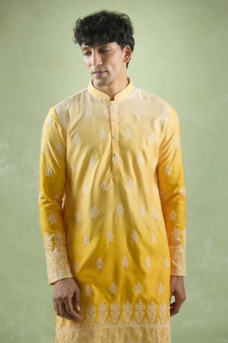 Arihant Rai Sinha Yellow Cotton Embroidery Blossom Thread Shaded Kurta at Aza Fashions Arihant Rai Sinha_Yellow Cotton Embroidery Blossom Thread Shaded Kurta_at_Aza_Fashions