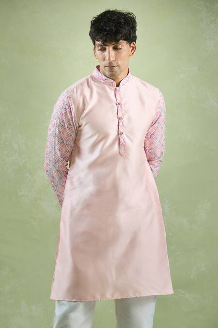 Shop Arihant Rai Sinha Pink Silk Embroidery Sleeves Kurta Online at Aza Fashions Shop_Arihant Rai Sinha_Pink Silk Embroidery Sleeves Kurta_Online_at_Aza_Fashions