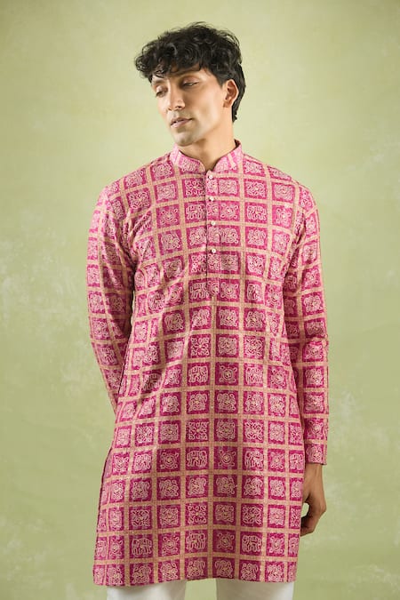 Shop_Arihant Rai Sinha_Pink Cotton Embroidery Phool Mahal Thread And Sequin Kurta _Online_at_Aza_Fashions