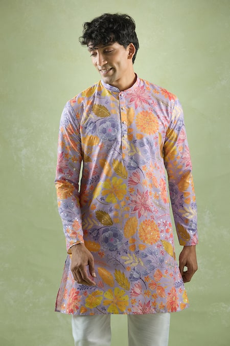 Arihant Rai Sinha_Purple Cotton Foil Printing Fleur And Kurta_Online_at_Aza_Fashions