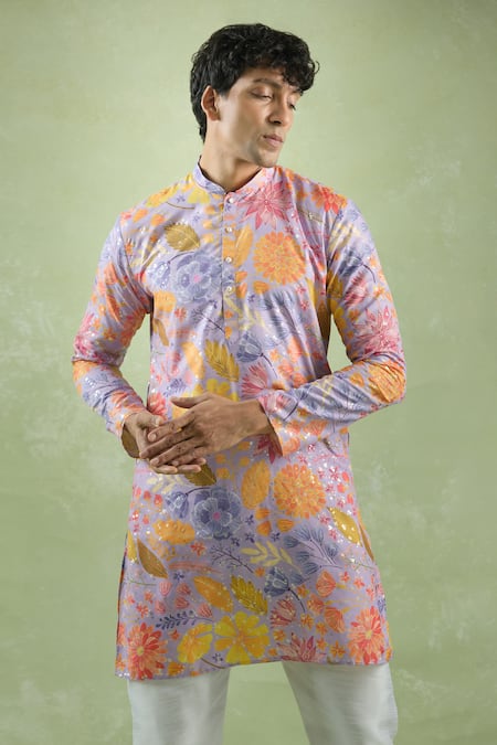 Buy_Arihant Rai Sinha_Purple Cotton Foil Printing Fleur And Kurta_Online_at_Aza_Fashions