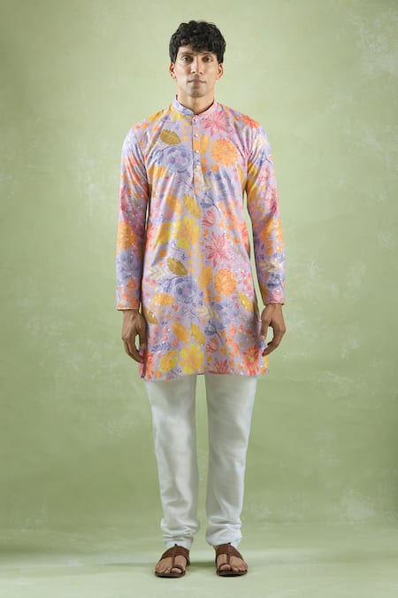 Shop_Arihant Rai Sinha_Purple Cotton Foil Printing Fleur And Kurta_Online_at_Aza_Fashions