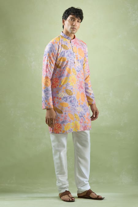 Arihant Rai Sinha_Purple Cotton Foil Printing Fleur And Kurta_at_Aza_Fashions