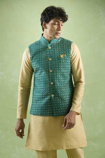 Arihant Rai Sinha Green Cotton Embroidery Bandhani Print Thread Bundi Online at Aza Fashions Arihant Rai Sinha_Green Cotton Embroidery Bandhani Print Thread Bundi _Online_at_Aza_Fashions