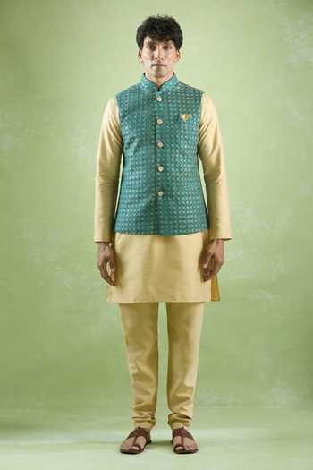 Shop Arihant Rai Sinha Green Cotton Embroidery Bandhani Print Thread Bundi Online at Aza Fashions Shop_Arihant Rai Sinha_Green Cotton Embroidery Bandhani Print Thread Bundi _Online_at_Aza_Fashions