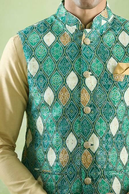 Arihant Rai Sinha Green Cotton Embroidery Bandhani Jaal Print Thread Bundi Online at Aza Fashions Arihant Rai Sinha_Green Cotton Embroidery Bandhani Jaal Print Thread Bundi _Online_at_Aza_Fashions