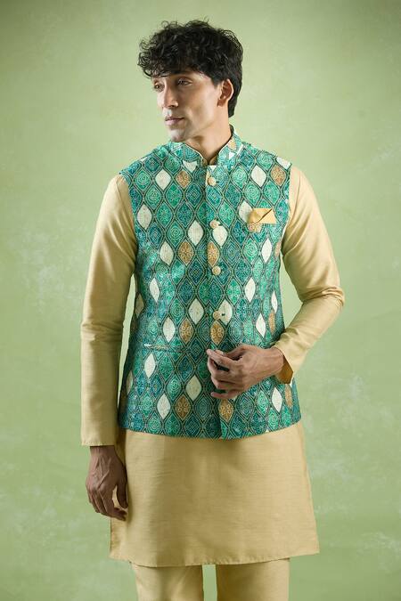 Arihant Rai Sinha Green Cotton Embroidery Bandhani Jaal Print Thread Bundi at Aza Fashions Arihant Rai Sinha_Green Cotton Embroidery Bandhani Jaal Print Thread Bundi _at_Aza_Fashions