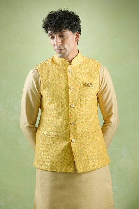 Arihant Rai Sinha_Yellow Cotton Embroidery Bandhani Helix Print Bundi _Online_at_Aza_Fashions