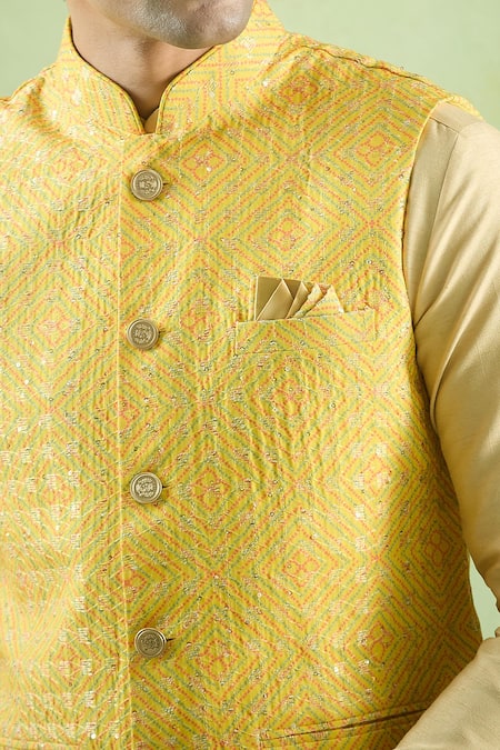 Buy_Arihant Rai Sinha_Yellow Cotton Embroidery Bandhani Helix Print Bundi _Online_at_Aza_Fashions