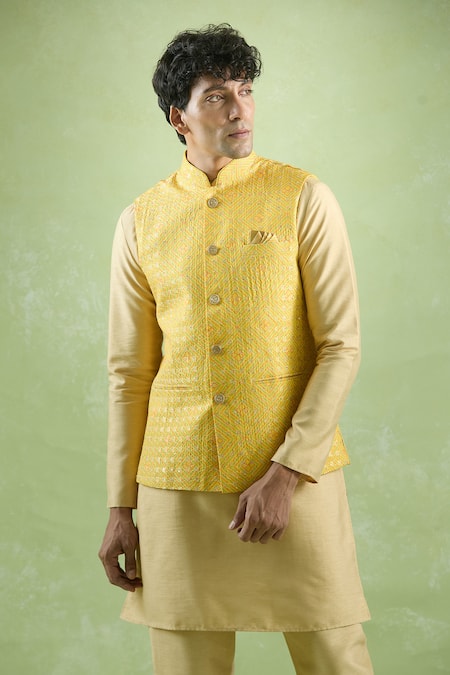 Shop_Arihant Rai Sinha_Yellow Cotton Embroidery Bandhani Helix Print Bundi _Online_at_Aza_Fashions