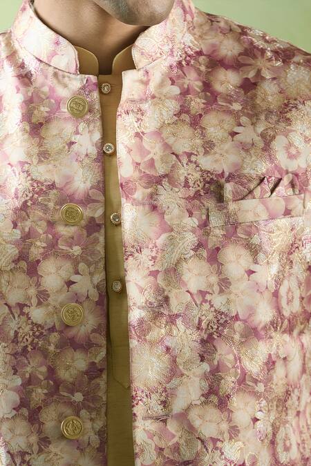 Arihant Rai Sinha Pink Jacquard Bloom Pattern Bundi at Aza Fashions Arihant Rai Sinha_Pink Jacquard Bloom Pattern Bundi _at_Aza_Fashions