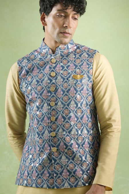 Arihant Rai Sinha Blue Cotton Sequins, Embroidery Crest Jaal Bundi Online at Aza Fashions Arihant Rai Sinha_Blue Cotton Sequins, Embroidery Crest Jaal Bundi _Online_at_Aza_Fashions