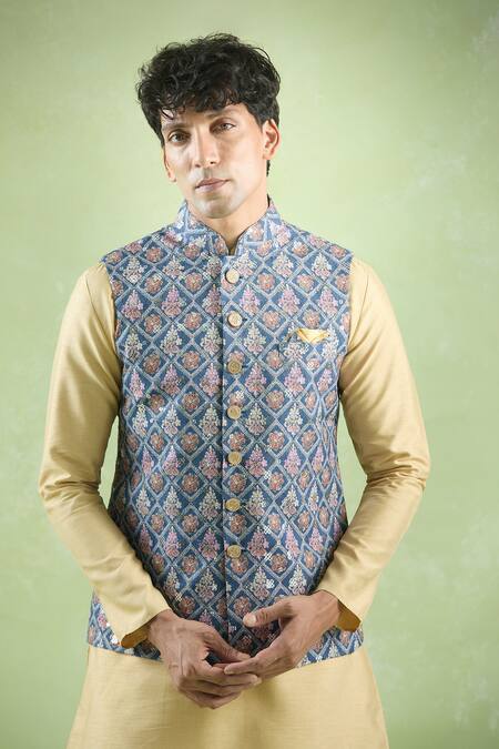Buy Arihant Rai Sinha Blue Cotton Sequins, Embroidery Crest Jaal Bundi Online at Aza Fashions Buy_Arihant Rai Sinha_Blue Cotton Sequins, Embroidery Crest Jaal Bundi _Online_at_Aza_Fashions
