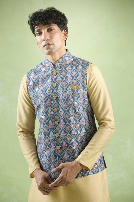 Shop Arihant Rai Sinha Blue Cotton Sequins, Embroidery Crest Jaal Bundi Online at Aza Fashions Shop_Arihant Rai Sinha_Blue Cotton Sequins, Embroidery Crest Jaal Bundi _Online_at_Aza_Fashions