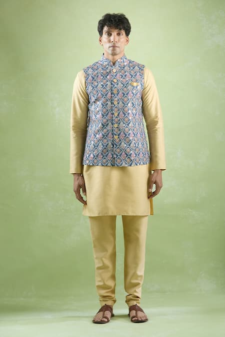 Arihant Rai Sinha Blue Cotton Sequins, Embroidery Crest Jaal Bundi at Aza Fashions Arihant Rai Sinha_Blue Cotton Sequins, Embroidery Crest Jaal Bundi _at_Aza_Fashions