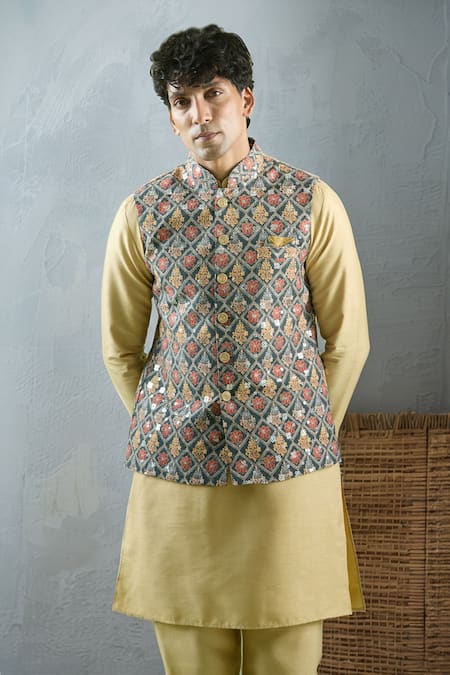 Arihant Rai Sinha Green Cotton Sequins, Embroidery Crest Bloom Jaal Bundi