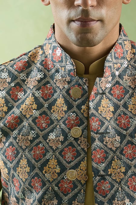 Buy_Arihant Rai Sinha_Green Cotton Sequins, Embroidery Crest Bloom Jaal Bundi 