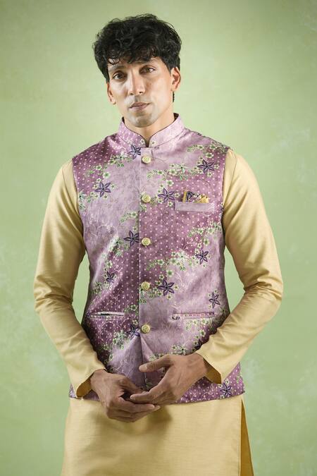 Arihant Rai Sinha Wine Jacquard Embroidery Flora Sleeveless Bundi Online at Aza Fashions Arihant Rai Sinha_Wine Jacquard Embroidery Flora Sleeveless Bundi _Online_at_Aza_Fashions