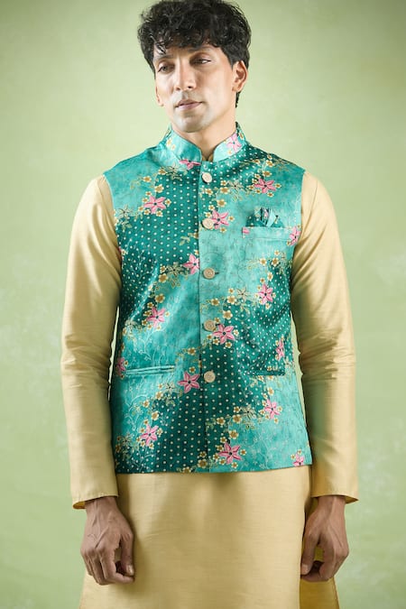 Arihant Rai Sinha_Green Jacquard Embroidery Bloom Vine Print Bundi _Online_at_Aza_Fashions