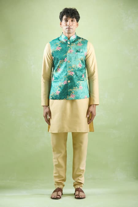 Buy_Arihant Rai Sinha_Green Jacquard Embroidery Bloom Vine Print Bundi _Online_at_Aza_Fashions