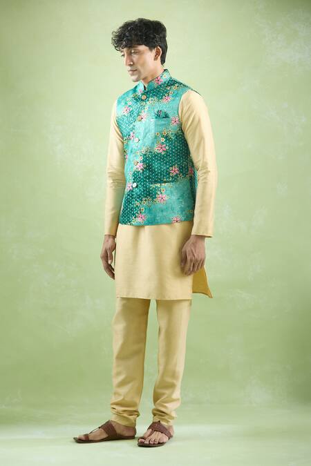 Shop_Arihant Rai Sinha_Green Jacquard Embroidery Bloom Vine Print Bundi _Online_at_Aza_Fashions