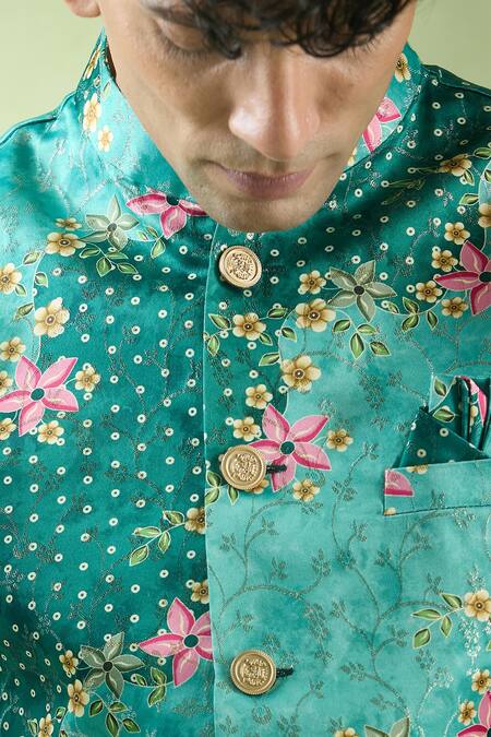 Buy_Arihant Rai Sinha_Green Jacquard Embroidery Bloom Vine Print Bundi 