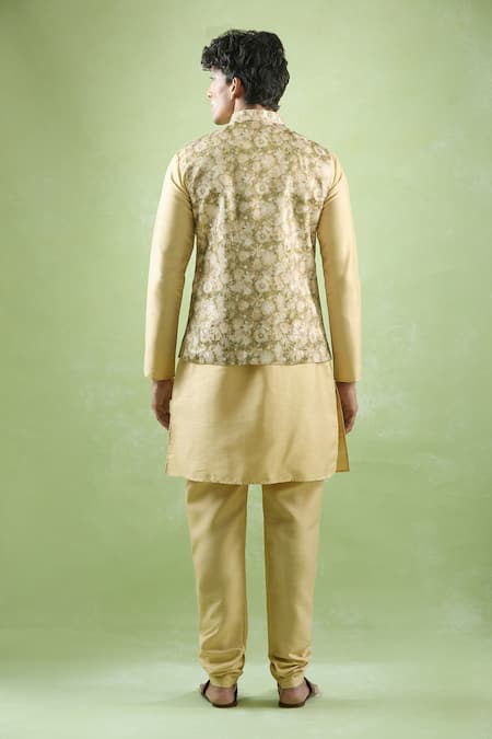 Shop Arihant Rai Sinha Gold Jacquard, Silk Embroidery Floral Woven Bundi Kurta Set at Aza Fashions Shop_Arihant Rai Sinha_Gold Jacquard, Silk Embroidery Floral Woven Bundi Kurta Set _at_Aza_Fashions