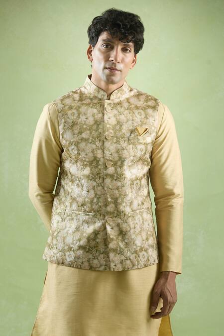 Arihant Rai Sinha Gold Jacquard, Silk Embroidery Floral Woven Bundi Kurta Set Online at Aza Fashions Arihant Rai Sinha_Gold Jacquard, Silk Embroidery Floral Woven Bundi Kurta Set _Online_at_Aza_Fashions