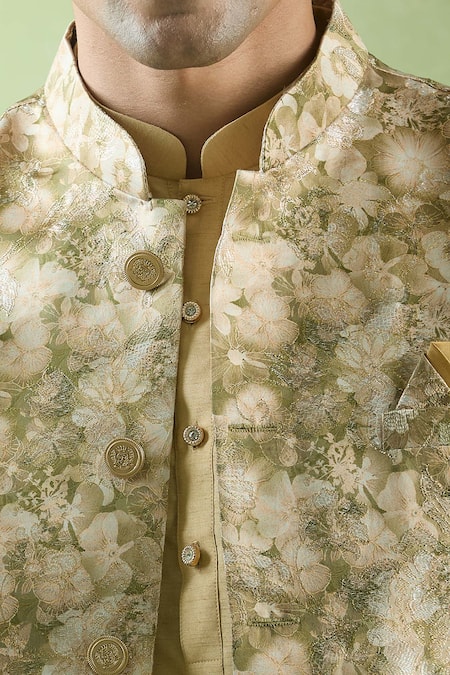 Buy Arihant Rai Sinha Gold Jacquard, Silk Embroidery Floral Woven Bundi Kurta Set Online at Aza Fashions Buy_Arihant Rai Sinha_Gold Jacquard, Silk Embroidery Floral Woven Bundi Kurta Set _Online_at_Aza_Fashions