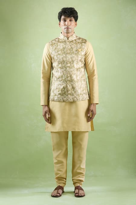 Shop Arihant Rai Sinha Gold Jacquard, Silk Embroidery Floral Woven Bundi Kurta Set Online at Aza Fashions Shop_Arihant Rai Sinha_Gold Jacquard, Silk Embroidery Floral Woven Bundi Kurta Set _Online_at_Aza_Fashions