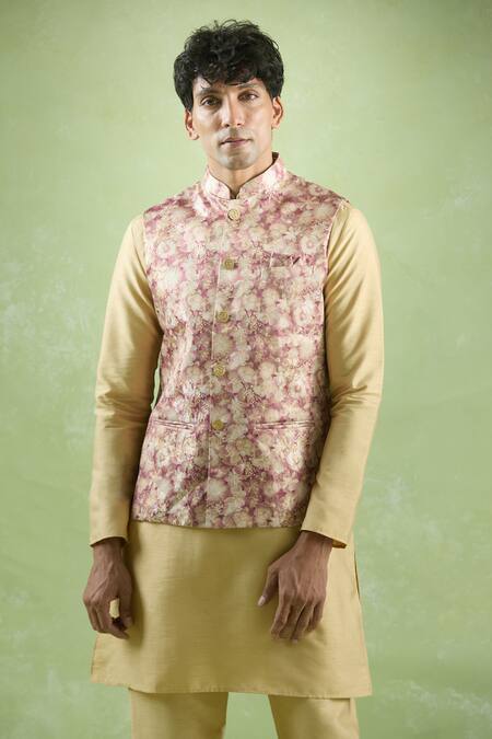 Arihant Rai Sinha_Pink Jacquard, Silk Embroidery Woven Floral Bundi Kurta Set _Online_at_Aza_Fashions