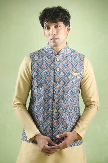 Arihant Rai Sinha Yellow Silk, Cotton Sequins, Embroidery Floral Threadwork Bundi Kurta Set Online at Aza Fashions Arihant Rai Sinha_Yellow Silk, Cotton Sequins, Embroidery Floral Threadwork Bundi Kurta Set _Online_at_Aza_Fashions