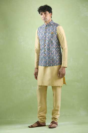 Buy Arihant Rai Sinha Yellow Silk, Cotton Sequins, Embroidery Floral Threadwork Bundi Kurta Set Online at Aza Fashions Buy_Arihant Rai Sinha_Yellow Silk, Cotton Sequins, Embroidery Floral Threadwork Bundi Kurta Set _Online_at_Aza_Fashions