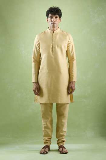 Arihant Rai Sinha Yellow Silk, Cotton Sequins, Embroidery Floral Threadwork Bundi Kurta Set at Aza Fashions Arihant Rai Sinha_Yellow Silk, Cotton Sequins, Embroidery Floral Threadwork Bundi Kurta Set _at_Aza_Fashions