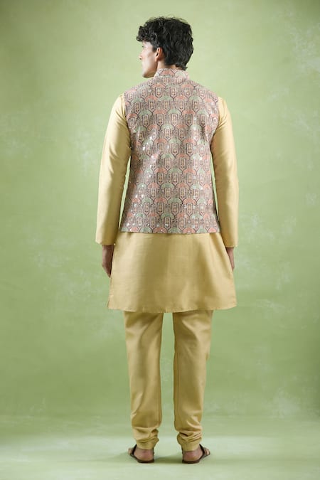 Shop Arihant Rai Sinha Brown Cotton, , Satin Floral Scallop Threadwork Bundi Kurta Set at Aza Fashions Shop_Arihant Rai Sinha_Brown Cotton, , Satin Floral Scallop Threadwork Bundi Kurta Set _at_Aza_Fashions