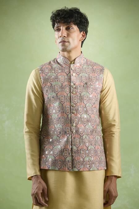Arihant Rai Sinha Brown Cotton, , Satin Floral Scallop Threadwork Bundi Kurta Set Online at Aza Fashions Arihant Rai Sinha_Brown Cotton, , Satin Floral Scallop Threadwork Bundi Kurta Set _Online_at_Aza_Fashions