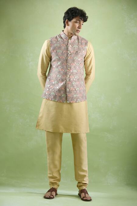 Buy Arihant Rai Sinha Brown Cotton, , Satin Floral Scallop Threadwork Bundi Kurta Set Online at Aza Fashions Buy_Arihant Rai Sinha_Brown Cotton, , Satin Floral Scallop Threadwork Bundi Kurta Set _Online_at_Aza_Fashions