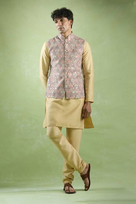 Shop Arihant Rai Sinha Brown Cotton, , Satin Floral Scallop Threadwork Bundi Kurta Set Online at Aza Fashions Shop_Arihant Rai Sinha_Brown Cotton, , Satin Floral Scallop Threadwork Bundi Kurta Set _Online_at_Aza_Fashions
