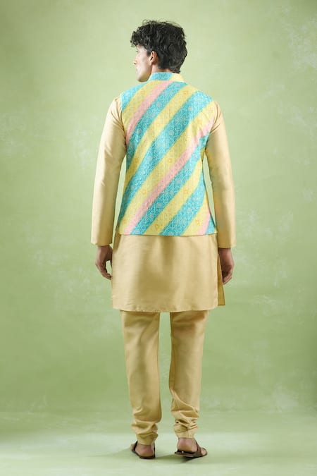 Shop_Arihant Rai Sinha_Blue Cotton, Silk Embroidery, Sequins Gradient Stripe Bundi Kurta Set _at_Aza_Fashions