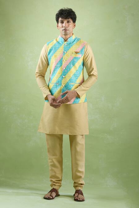 Arihant Rai Sinha_Blue Cotton, Silk Embroidery, Sequins Gradient Stripe Bundi Kurta Set _Online_at_Aza_Fashions