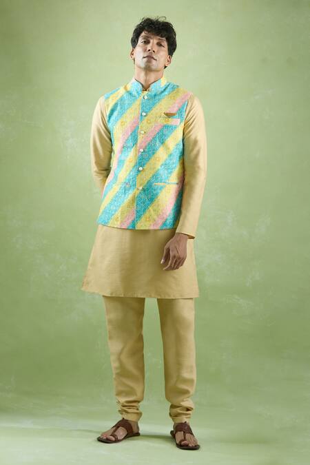 Buy_Arihant Rai Sinha_Blue Cotton, Silk Embroidery, Sequins Gradient Stripe Bundi Kurta Set _Online_at_Aza_Fashions