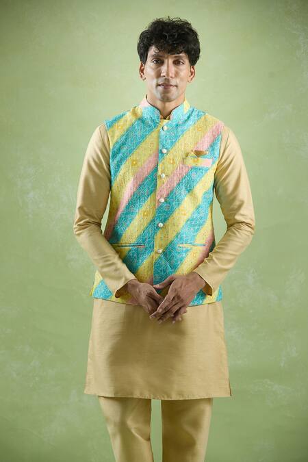 Shop_Arihant Rai Sinha_Blue Cotton, Silk Embroidery, Sequins Gradient Stripe Bundi Kurta Set _Online_at_Aza_Fashions