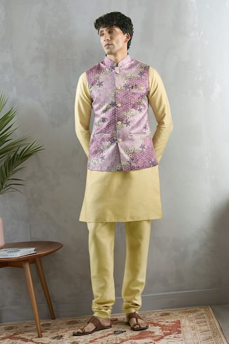 Aryavir Malhotra Woven Floral Vine Bundi Kurta Set 