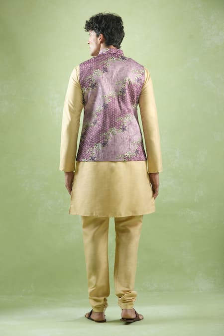 Shop_Arihant Rai Sinha_Wine Jacquard, Silk Embroidery Floral Woven Bundi Kurta Set _at_Aza_Fashions