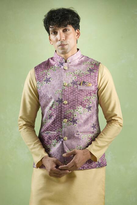 Buy_Arihant Rai Sinha_Wine Jacquard, Silk Embroidery Floral Woven Bundi Kurta Set _Online_at_Aza_Fashions