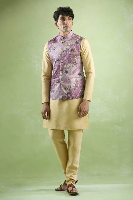 Shop_Arihant Rai Sinha_Wine Jacquard, Silk Embroidery Floral Woven Bundi Kurta Set _Online_at_Aza_Fashions