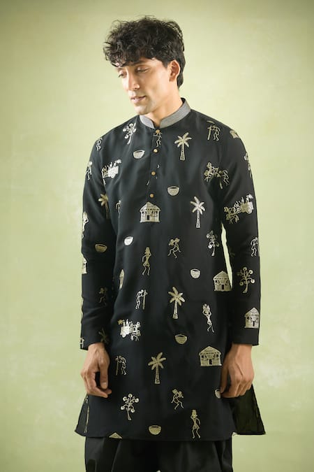 Arihant Rai Sinha_Black Cotton Embroidery Warli Kurta With Peshawari Dhoti Pant _Online_at_Aza_Fashions