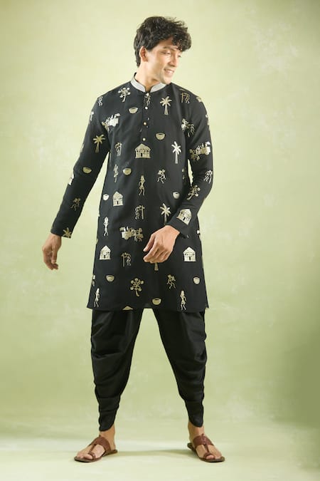 Buy_Arihant Rai Sinha_Black Cotton Embroidery Warli Kurta With Peshawari Dhoti Pant _Online_at_Aza_Fashions
