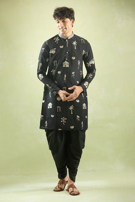 Shop_Arihant Rai Sinha_Black Cotton Embroidery Warli Kurta With Peshawari Dhoti Pant _Online_at_Aza_Fashions